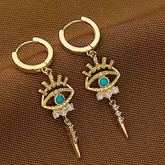 Gold 14K Evil Eye Hoop Zircon Drop Dangling Minimalist Earrings - Picture 3 of 8